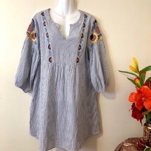 Pin Striped Embroidered Floral Print Dress